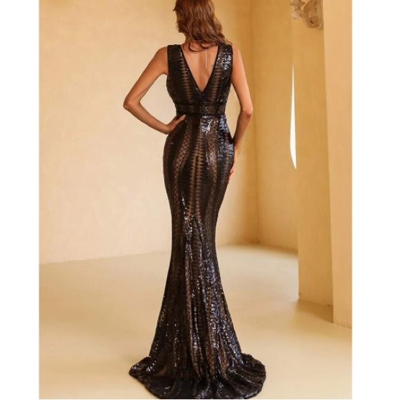 Luxe black V neck sequins party formal evening bridesmaids dress - Picture 5 of 9